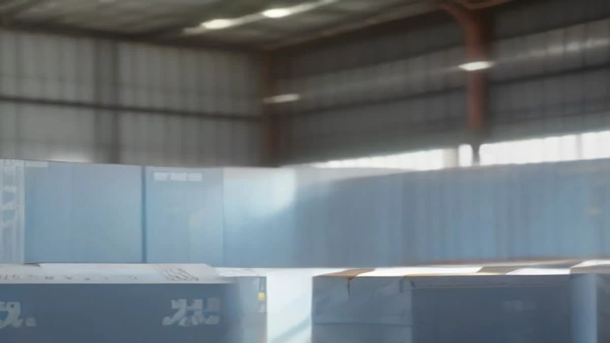 Stacked aluminium mining machines on a pallet in a bright warehouse with labels blurred